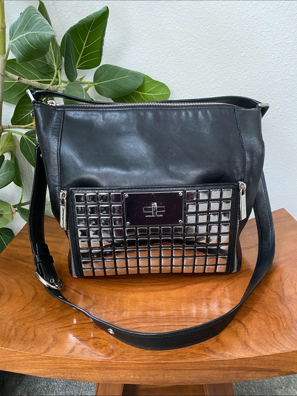 Michael Kors Black Crossbody/Handbag with Silver Stud Grid